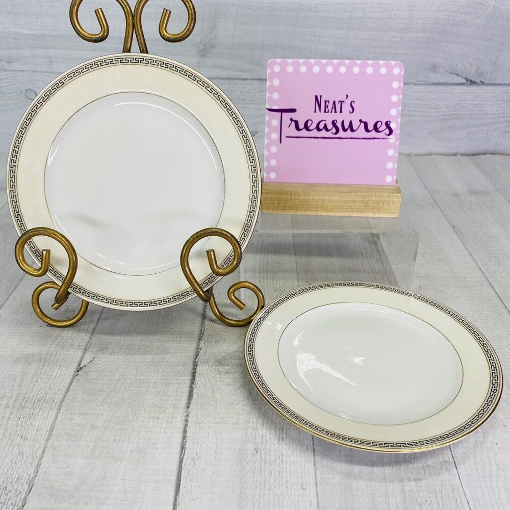 Eschenbach A2254 Black Greek Key Cream Rim Gold Rings Bread Side Plates Set of 2